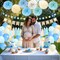 Blue Baby Shower Decorations for Boy with Welcome Baby Banner, Blue Champagne Balloons, Tassel Garlands, Swirls, and Paper Pom Poms for Boho Baby Shower or Gender Reveal Party Supplies